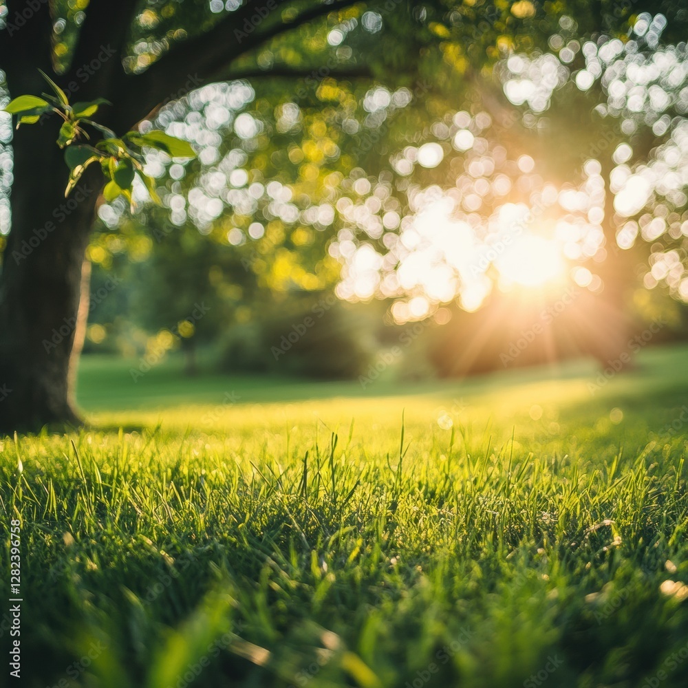 Aufkleber Sunlight filtering through trees over lush green grass in a peaceful park during a warm afternoon. Generative AI