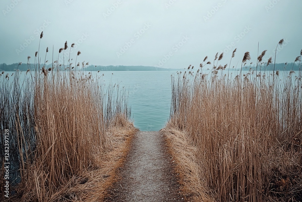 Poster serene path leads to tranquil lake, surrounded by tall reeds on an overcast day.
