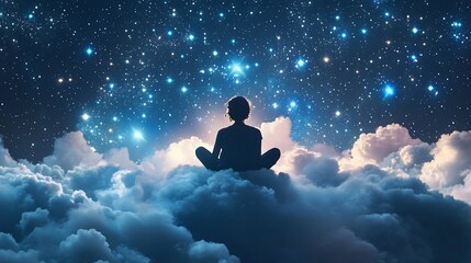 Obraz premium Silhouette of a person meditating on clouds under a starry night sky