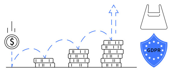 Stacks of coins increase in height with an upward trend, dollar sign, shopping bag icon, GDPR shield. Ideal for financial growth, investment, e-commerce, data security, business strategy compliance