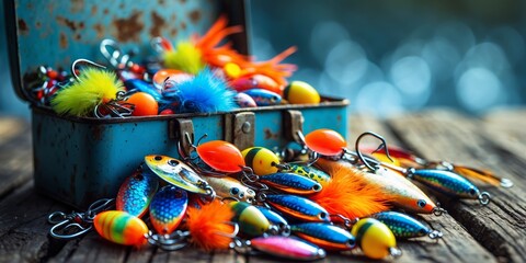 Collection of vibrant fishing lures displayed in an old metal tackle box on a weathered wooden surface