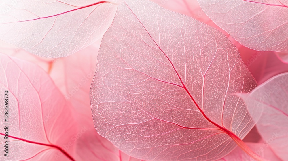 Aufkleber close-up of delicate, translucent pink leaves with visible veins, creating a soft, ethereal texture.
