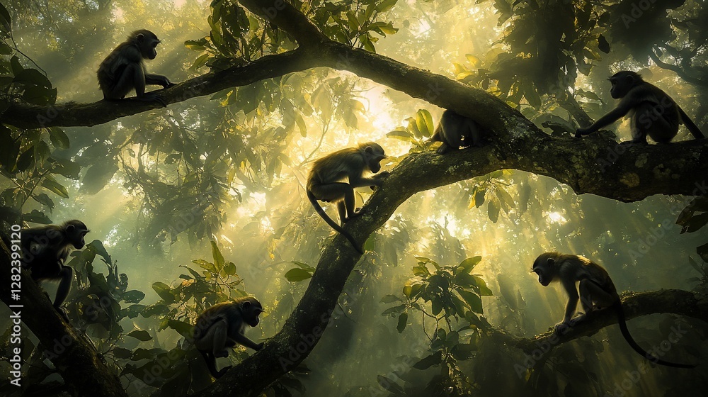 Poster monkeys in a misty jungle canopy, sunlight filtering through leaves.