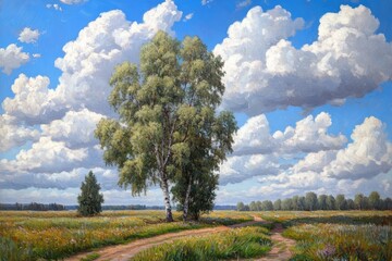 Obraz premium Landscape in summer with meadows, forest and trees beside a road