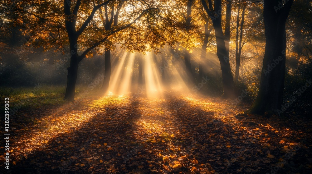 Poster sunbeams pierce through autumnal forest, illuminating fallen leaves and creating magical atmosphere.