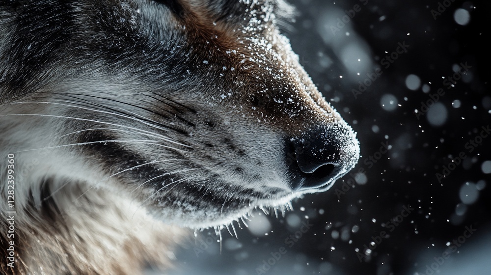 Poster close-up of a wolf's face covered in snowflakes during a snowfall.