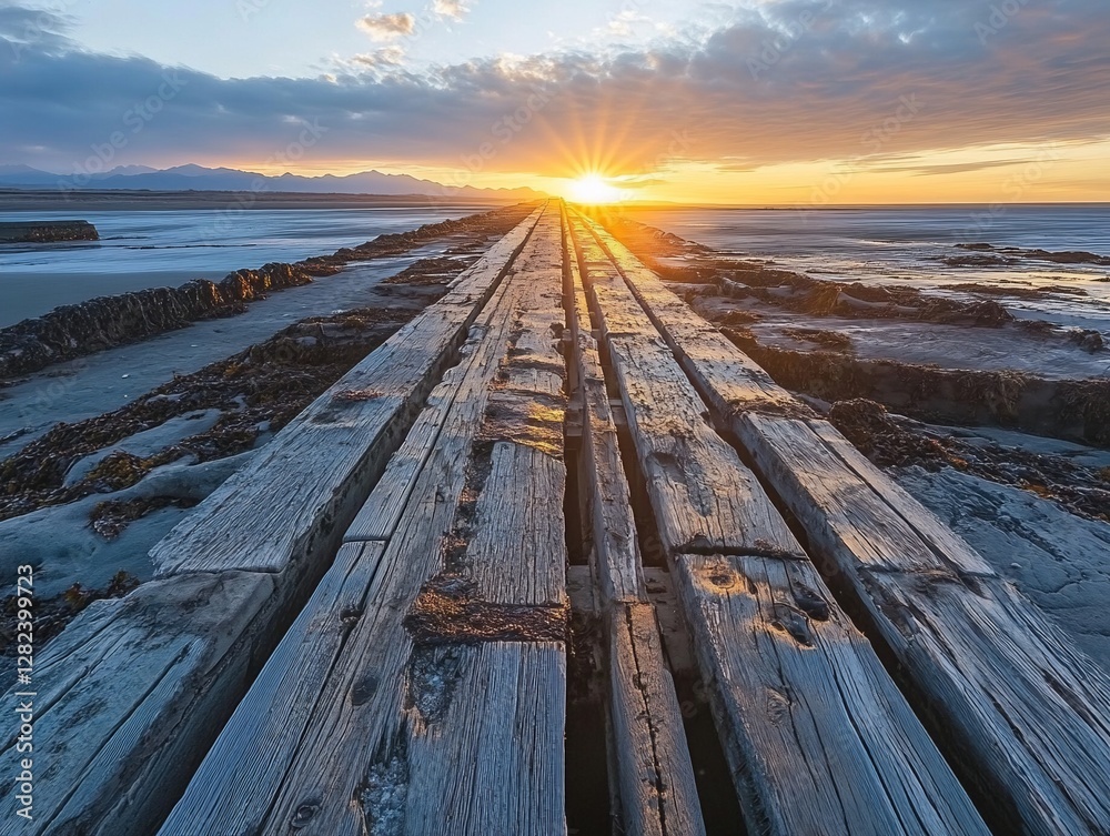 Aufkleber sunset over a weathered wooden jetty extending into the ocean.