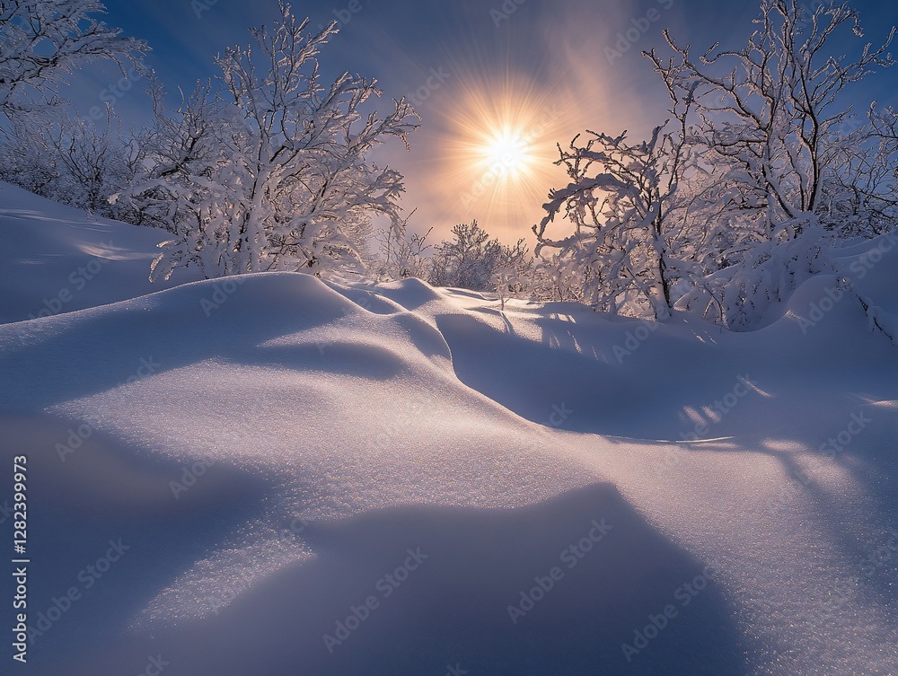 Poster sun shining through snow-covered trees in a winter landscape.