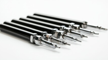 Fototapeta premium Black and Stainless Steel Industrial Pneumatic Cylinders on White Background