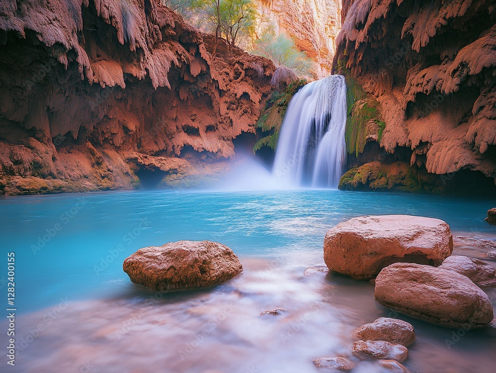 Aufkleber serene waterfall cascading into a turquoise pool, surrounded by red rock canyon walls and smooth sto