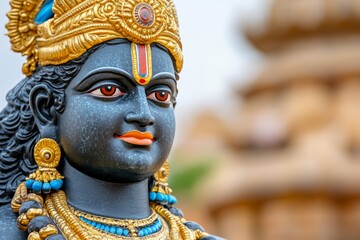 Majestic image of Lord Venkateswara against an ornate temple background, embodying divine energy, blessings, and prosperity