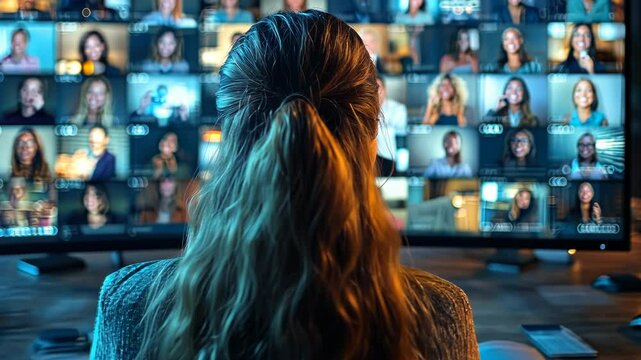 Woman with long hair sits before large monitor displaying multiple video conference participants.