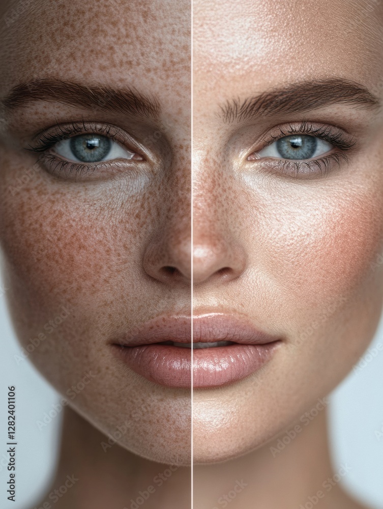 Poster facial contrast of aging and youthfulness showcasing the difference in skin texture and appearance. 