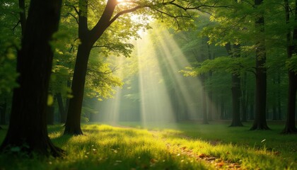 Fototapeta premium Sunbeams Illuminating a Serene Forest Path