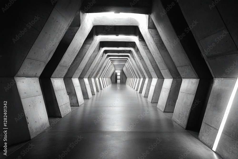 Aufkleber monochromatic perspective of a long, modern concrete corridor with geometric architectural features 