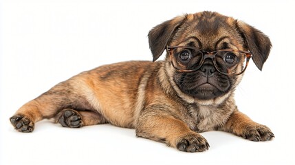 Obraz premium Adorable pug puppy wearing glasses, lying down on white background, perfect for pet-related content