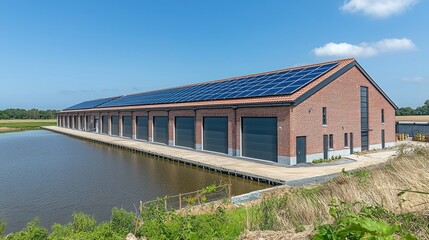 Obraz premium Barn with solar panels next to water, field background, sustainable farming, energy