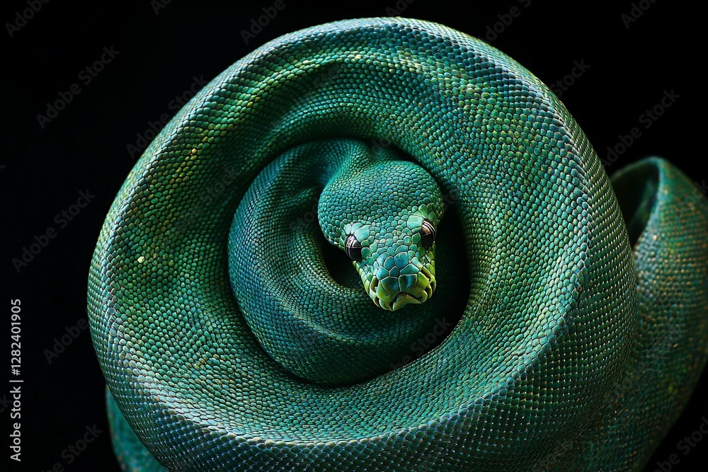Poster emerald tree boa coiled in a circle, isolated on black background.