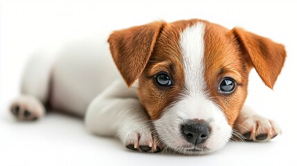 Adorable puppy resting, white background, pet adoption
