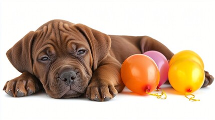 Obraz premium Adorable puppy rests near colorful balloons; white background; birthday celebration