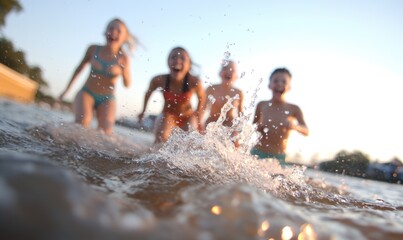 A group of children playfully splashing in the water under a beautiful sunset, surrounded by laughter and excitement. Their smiles reflect pure joy during a warm summer evening