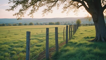 Obraz premium Serene Sunset Over Rolling Green Fields and a Rustic Fence