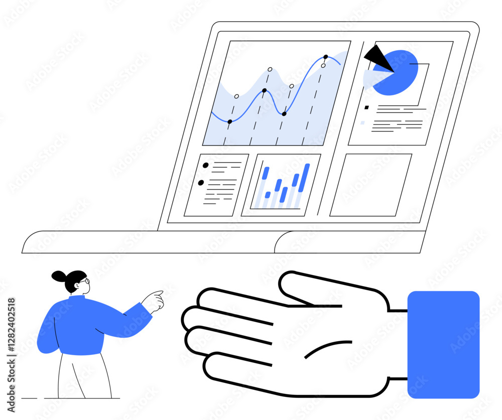 Poster computer screen displaying charts, graphs, and statistical data. person in blue points to the screen