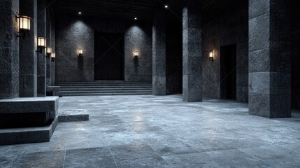Fototapeta premium Empty stone hall, dark interior, architectural scene, likely for product display