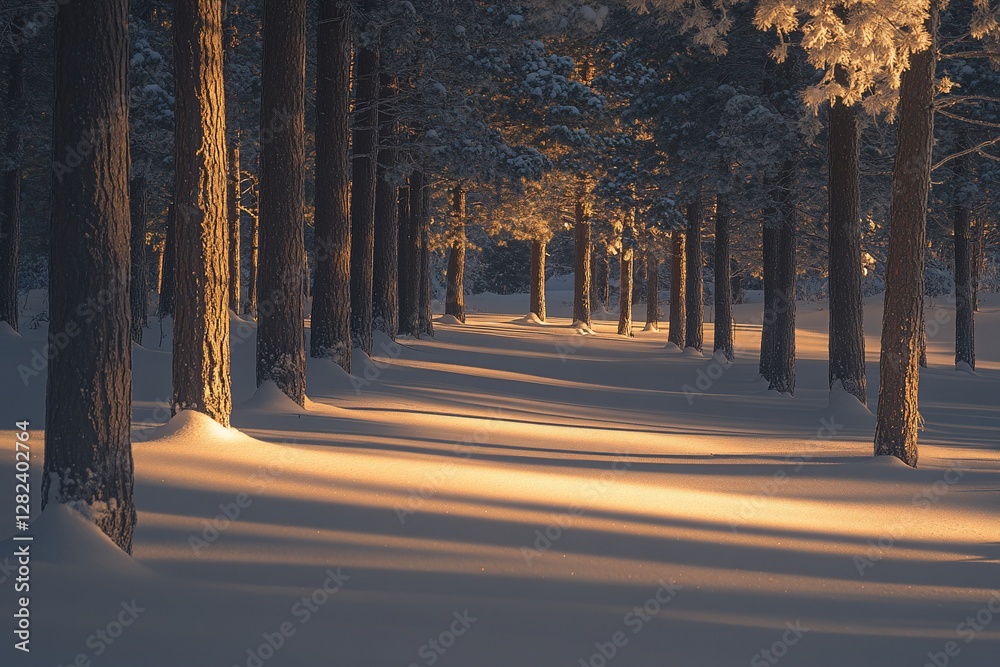 Poster sunlit path through a snow-covered pine forest at sunset.
