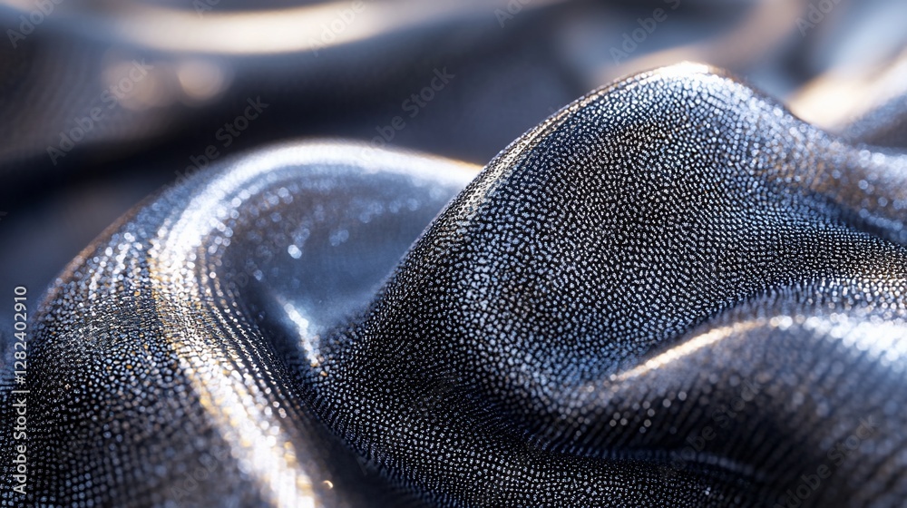 Poster abstract close-up of a dark, metallic, textured surface with undulating waves and reflective highlig