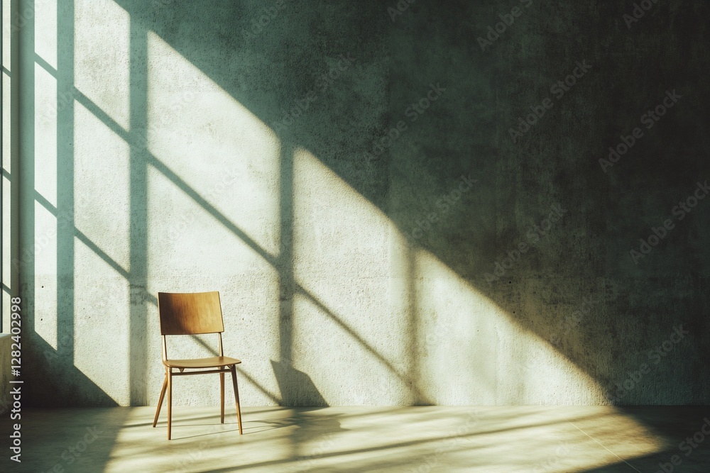 Aufkleber Sunlight streams through a large window onto a wooden chair in a minimalist, empty room with a concrete wall.