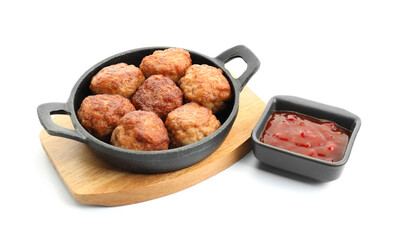 Tasty meatballs in baking dish and tomato sauce isolated on white