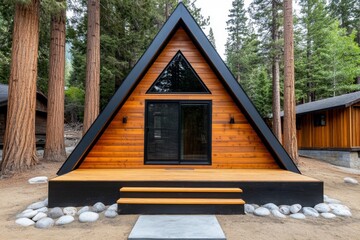 Modern A Frame Cabin in the Woods at Dusk