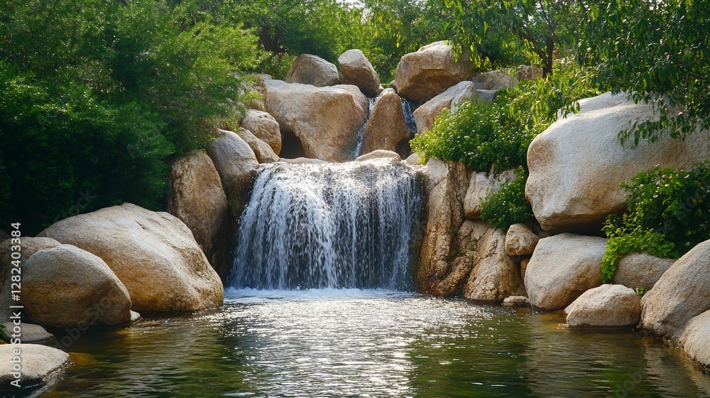 Poster serene waterfall cascading over rocks into a tranquil pool, surrounded by lush greenery.