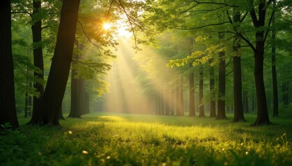 Fototapeta premium Sunbeams Dancing Through a Lush Green Forest