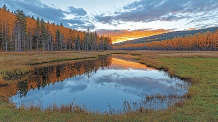 Fototapeta premium Autumn sunset reflecting on calm lake, golden trees