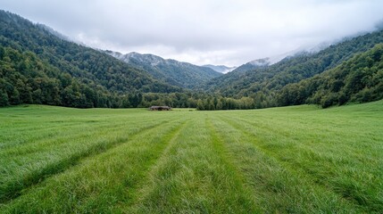 Fototapeta premium Misty Mountain Valley Meadow, Tranquil Scenery, Rural Landscape, Peaceful