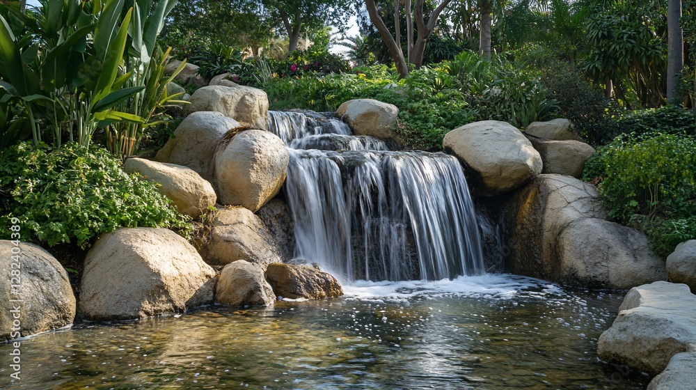Aufkleber serene waterfall cascading over rocks into a calm pool, surrounded by lush greenery in a tranquil ga