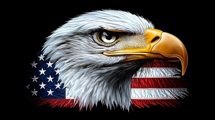 Bald eagle head, American flag, dark background, patriotic art