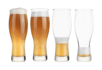 Drinking beer process. From full to empty glass on white background, step-by-step collage