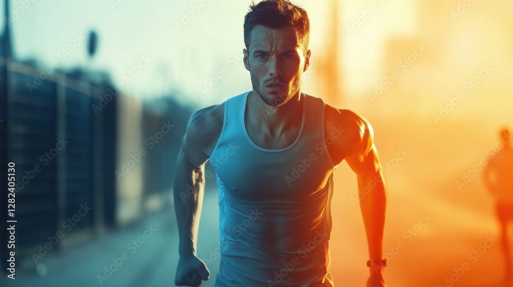Poster Runner transforms from tired novice to strong victor at the finish line during a race under bright outdoor sunlight. Generative AI