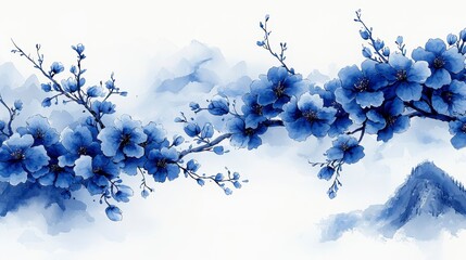 Blue blossom branches, misty mountains, serene Asian art, home decor