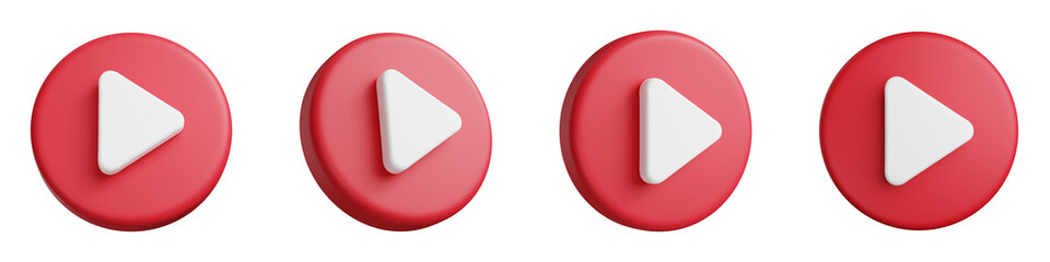 Set of simple red round 3d play button icons isolated on transparent background