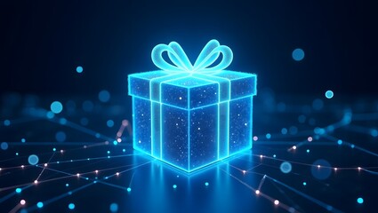 Futuristic Digital Gift Box with Glowing Wireframe and Floating Particles on a Tech Blue Background