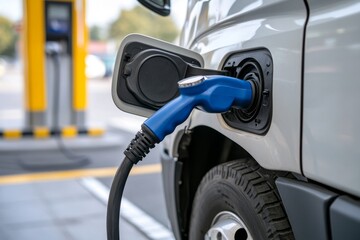 modern electric truck charging at a gas station close-up