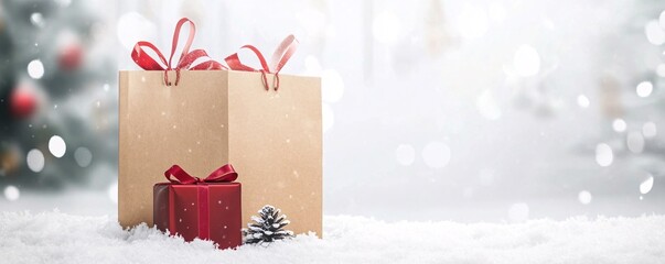 Christmas shopping bags and gift box standing on snow with blurred christmas tree in background