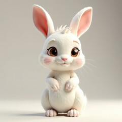 Fototapeta premium A charming white rabbit character with large expressive eyes and fluffy ears sits happily. The background is simple highlighting the rabbit's cute and friendly demeanor.