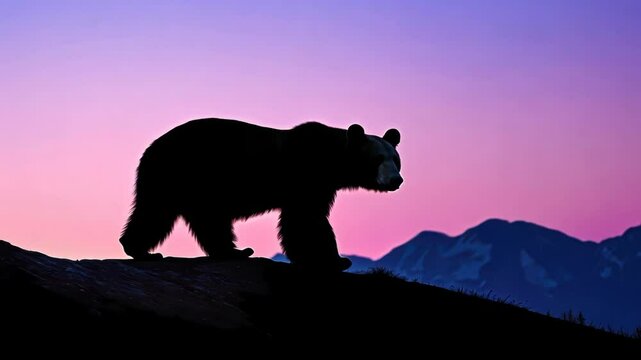 Silhouette of a bear at sunset on a mountain.