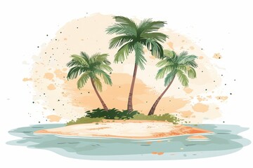Obraz premium A tranquil tropical island features several palm trees surrounded by calm water. This minimalistic illustration offers ample space for text inviting creativity and relaxation.