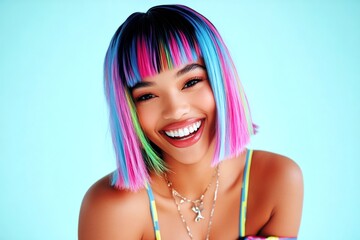 Naklejka premium Commercial ad campaign idea art. Attractive smiling mixed-race girl - for ads, brochure and web use. Short trim - multicolored hair. Stunning african women. Glam look. Stunning model.